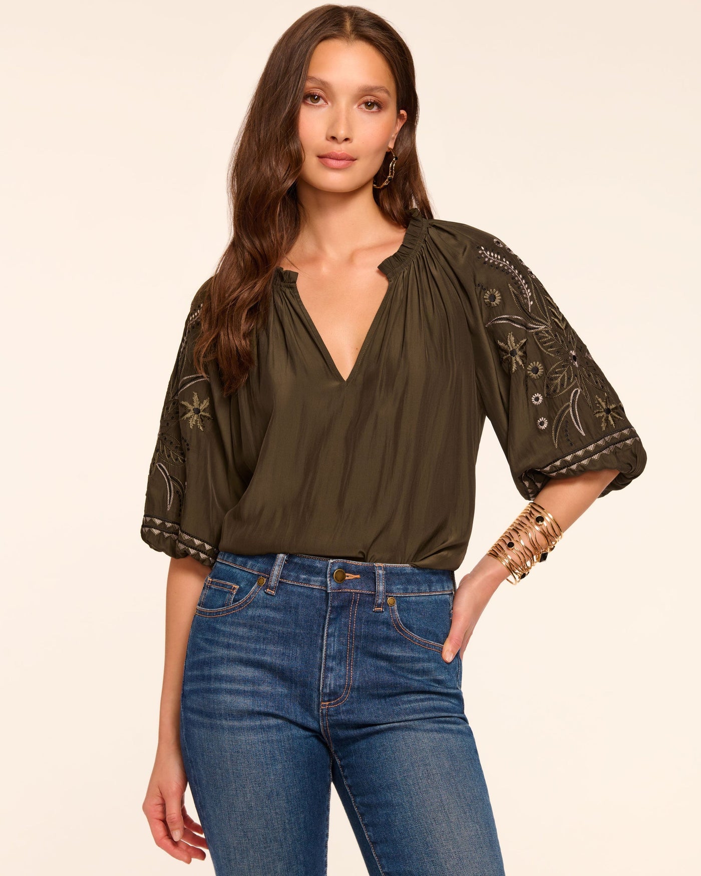 KAREN EMBELLISHED V-NECK BLOUSE IN DEEP OLIVE