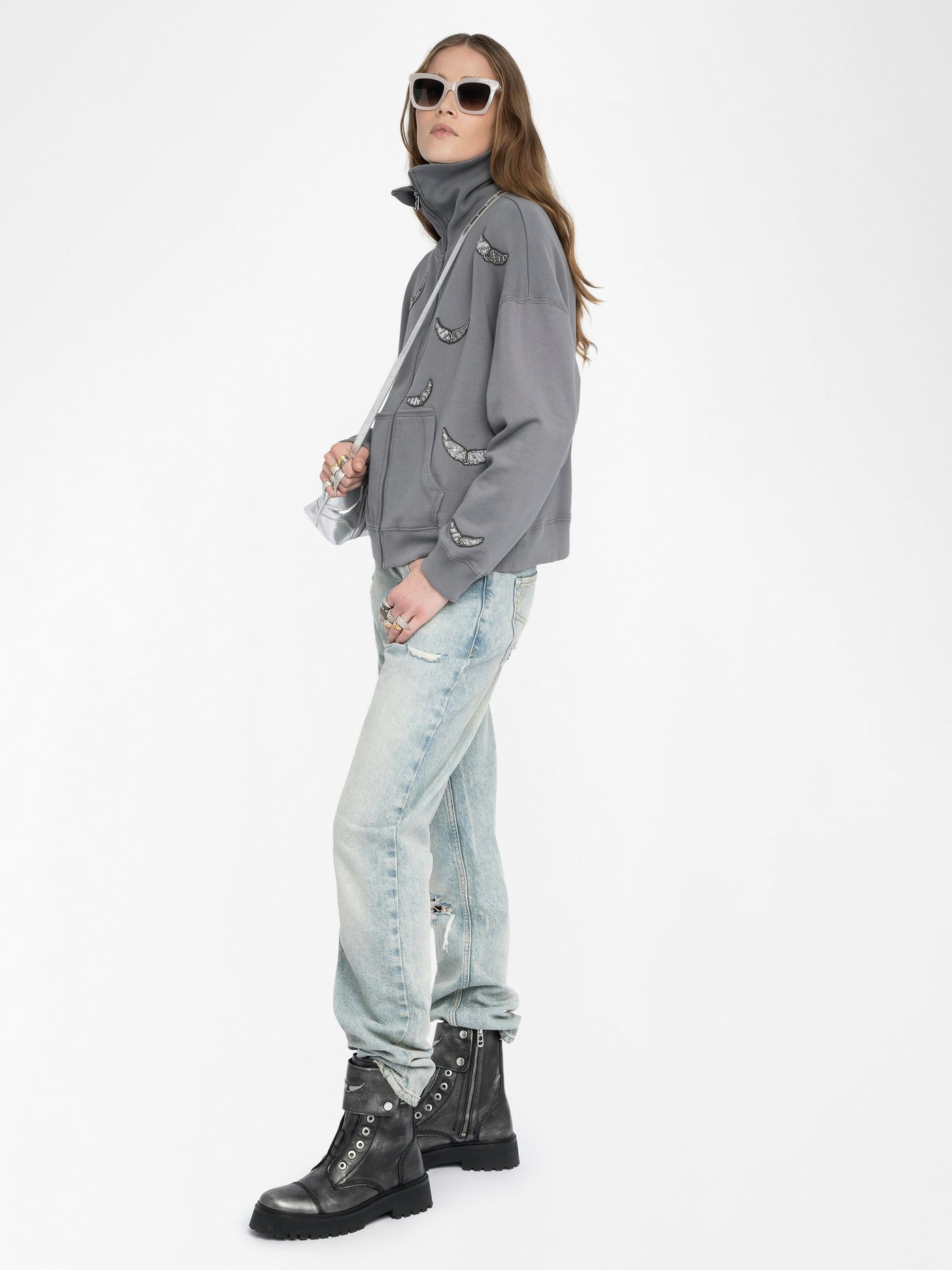 MILLY ZIP UP SWEATSHIRT IN MEDIUM GREY