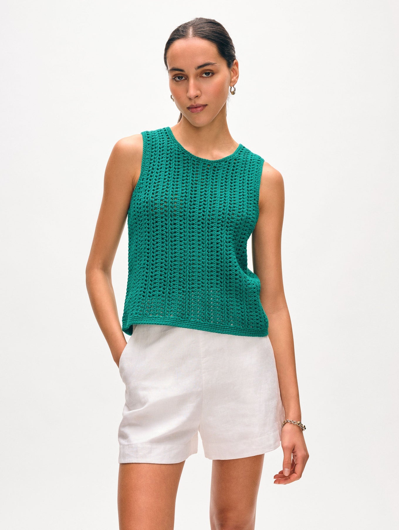 White & Warren LOFTY COTTON CROCHET SLEEVELESS TANK at Romi Boutique