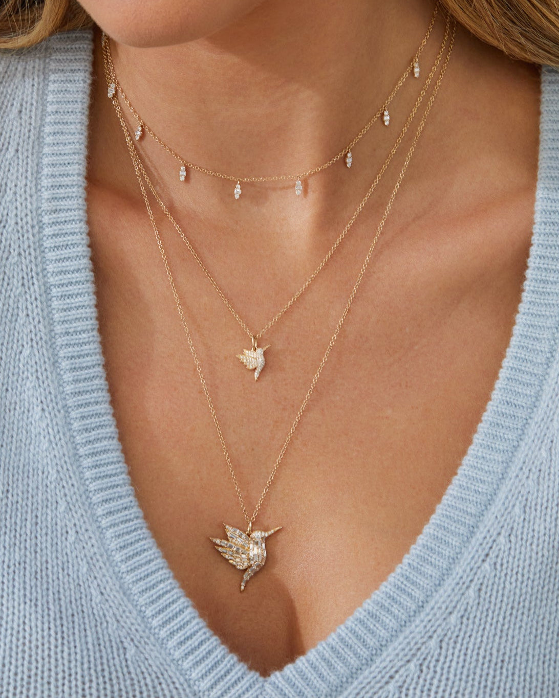 Pave Diamod Hummingbird Necklace With Diamond Eye