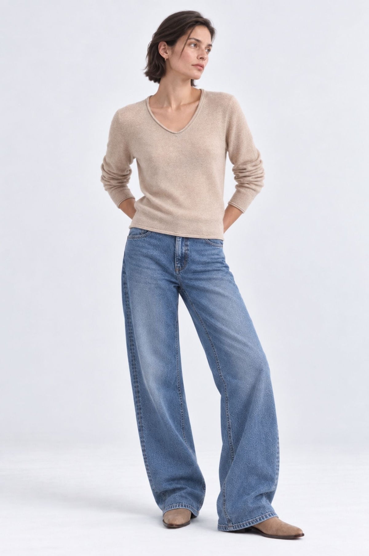 Minnie Rose Sheer Luxury Cashmere Long Sleeve V Neck with Rolled Trims at Romi Boutique