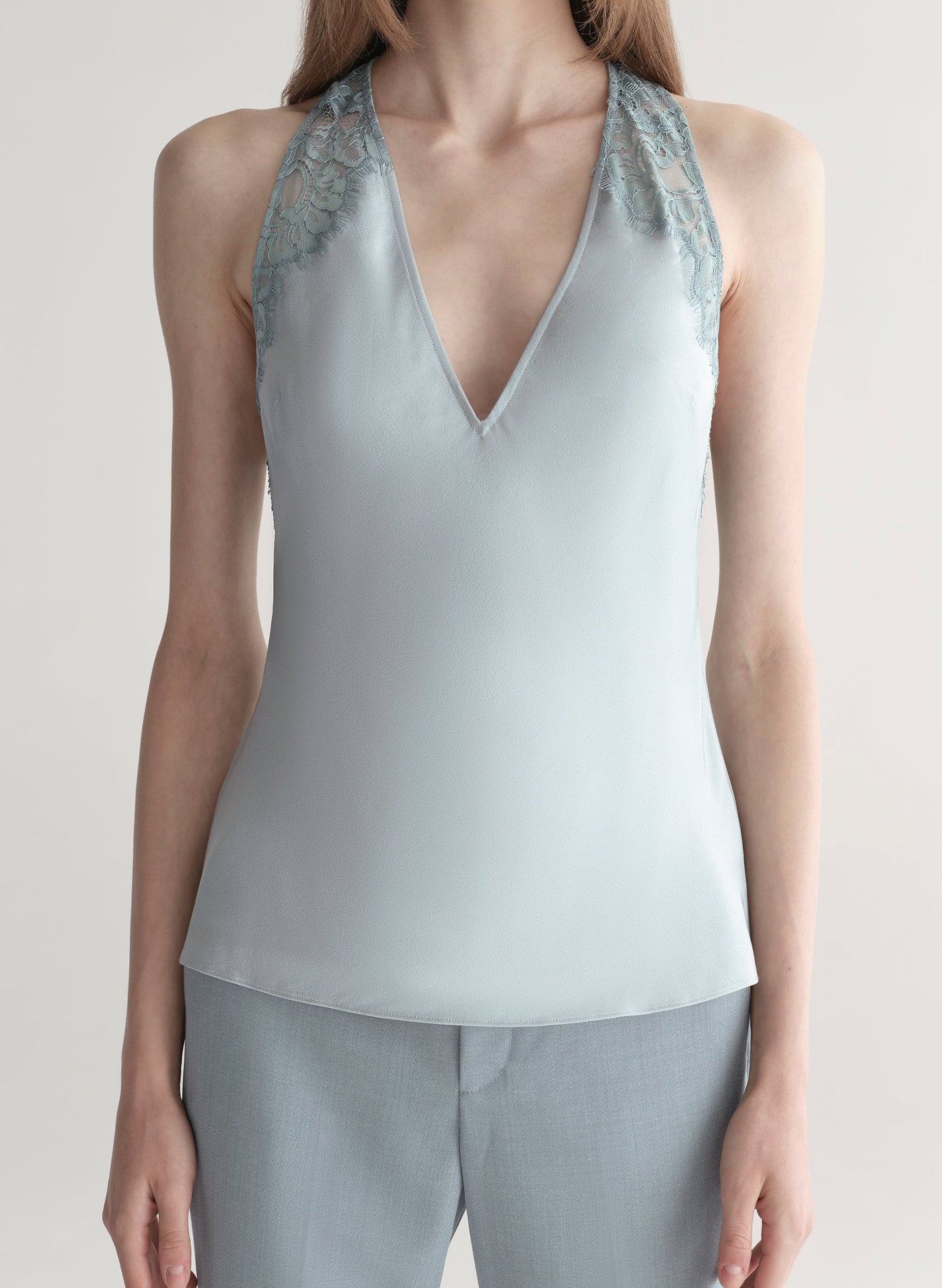 WES SATIN AND LACE TOP IN SLATE BLUE/GREY SKY