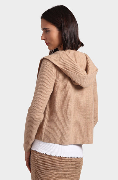 CASHMERE SHAKER HOODED FLYAWAY CARDIGAN IN CAMEL