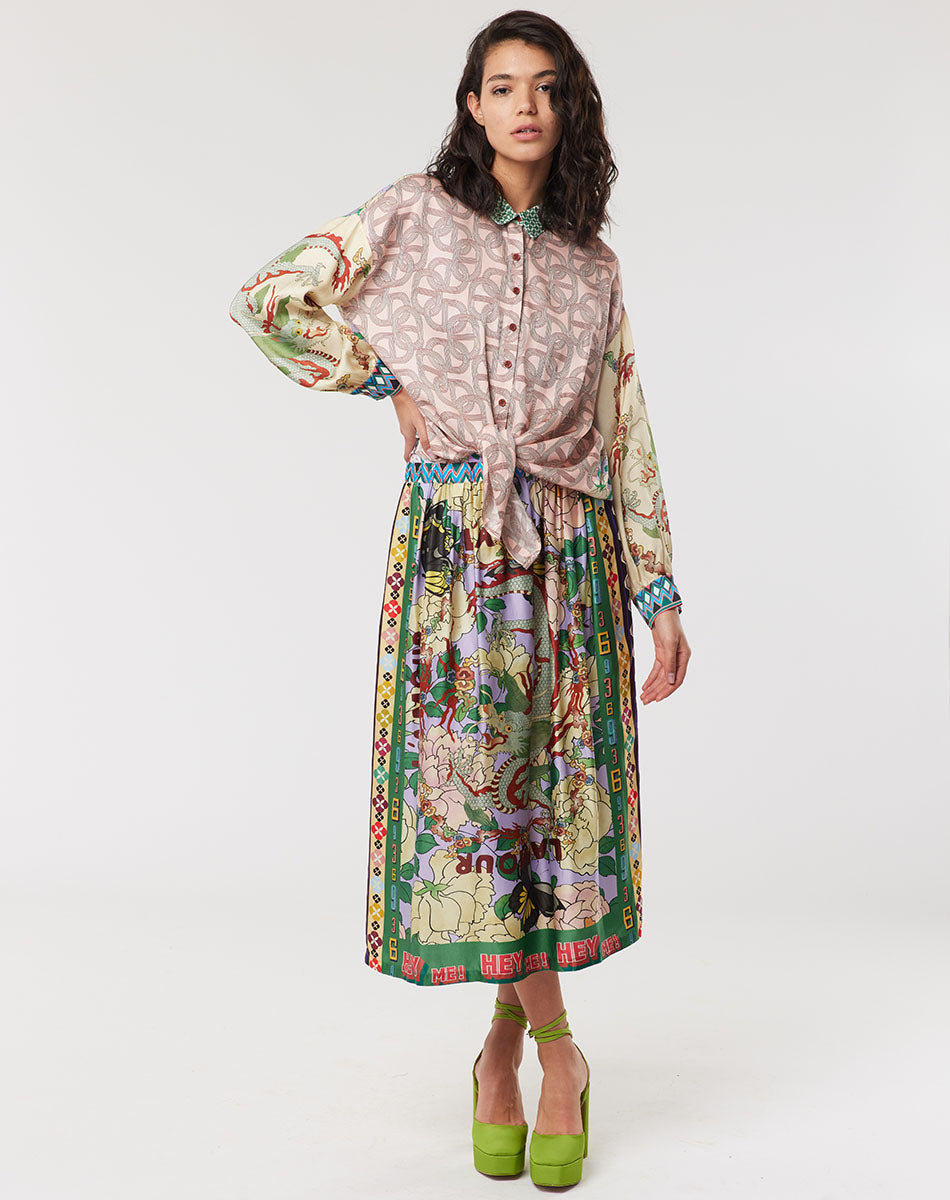 Me369 VANESSA PRINTED L'AMOUR MIDI SKIRT at Romi Boutique