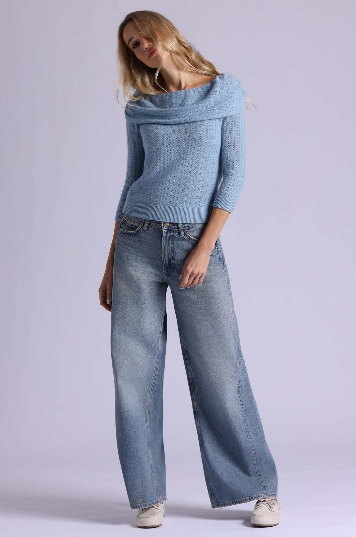 CASHMERE POINTELLE OFF SHOULDER W/ TIER IN FRESCO BLUE