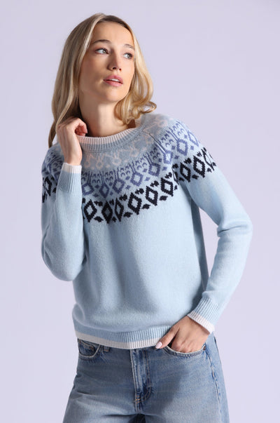 CASHMERE FAIR ISLE CREW NECK W/ TIPPING IN FRESCO BLUE COMBO
