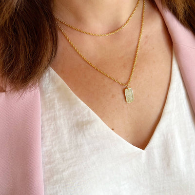 PAVE CZ DOG TAG PENDANT NECKLACE IN GOLD - Romi Boutique