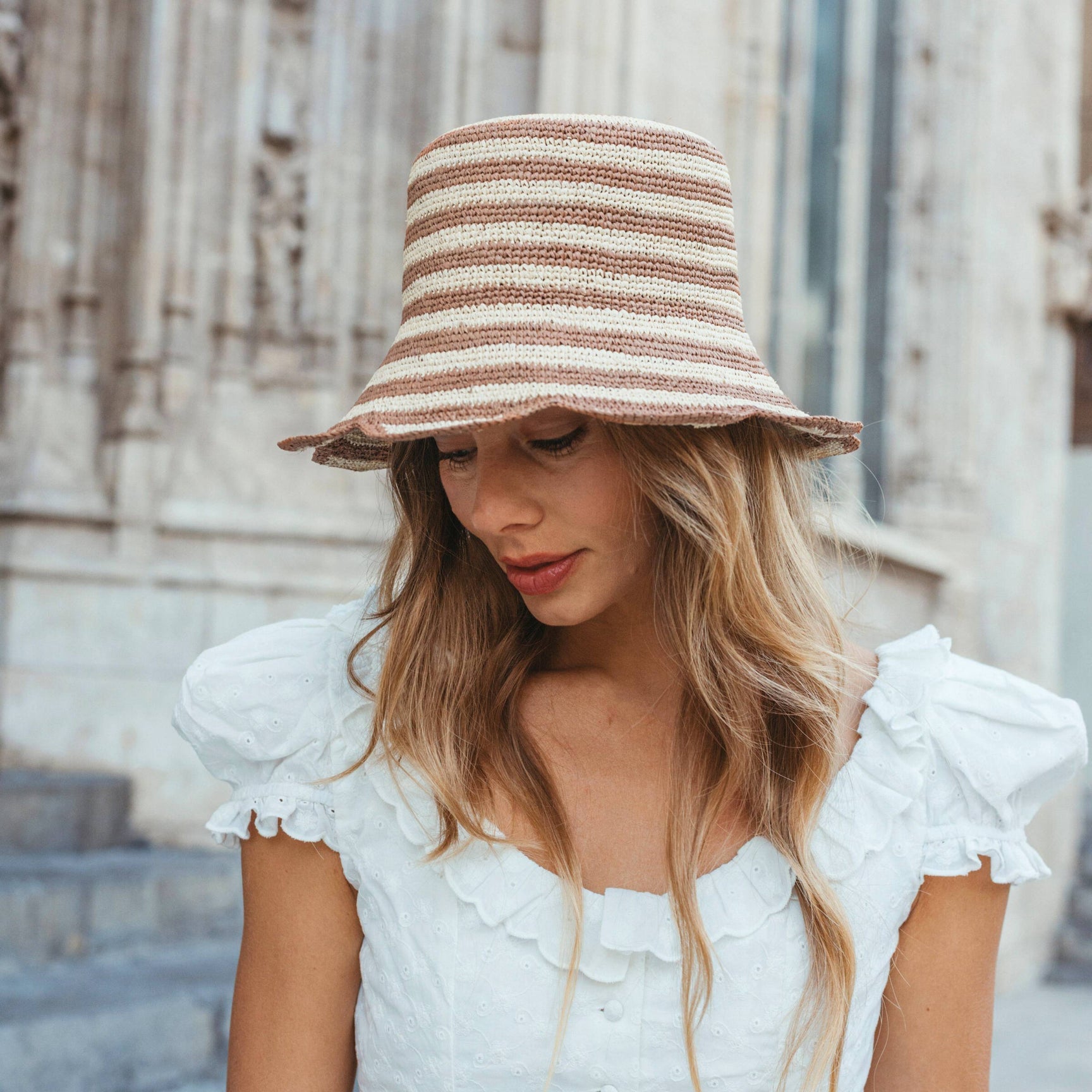 Freya Striped Scallop Crochet Bucket Hat at Romi Boutique