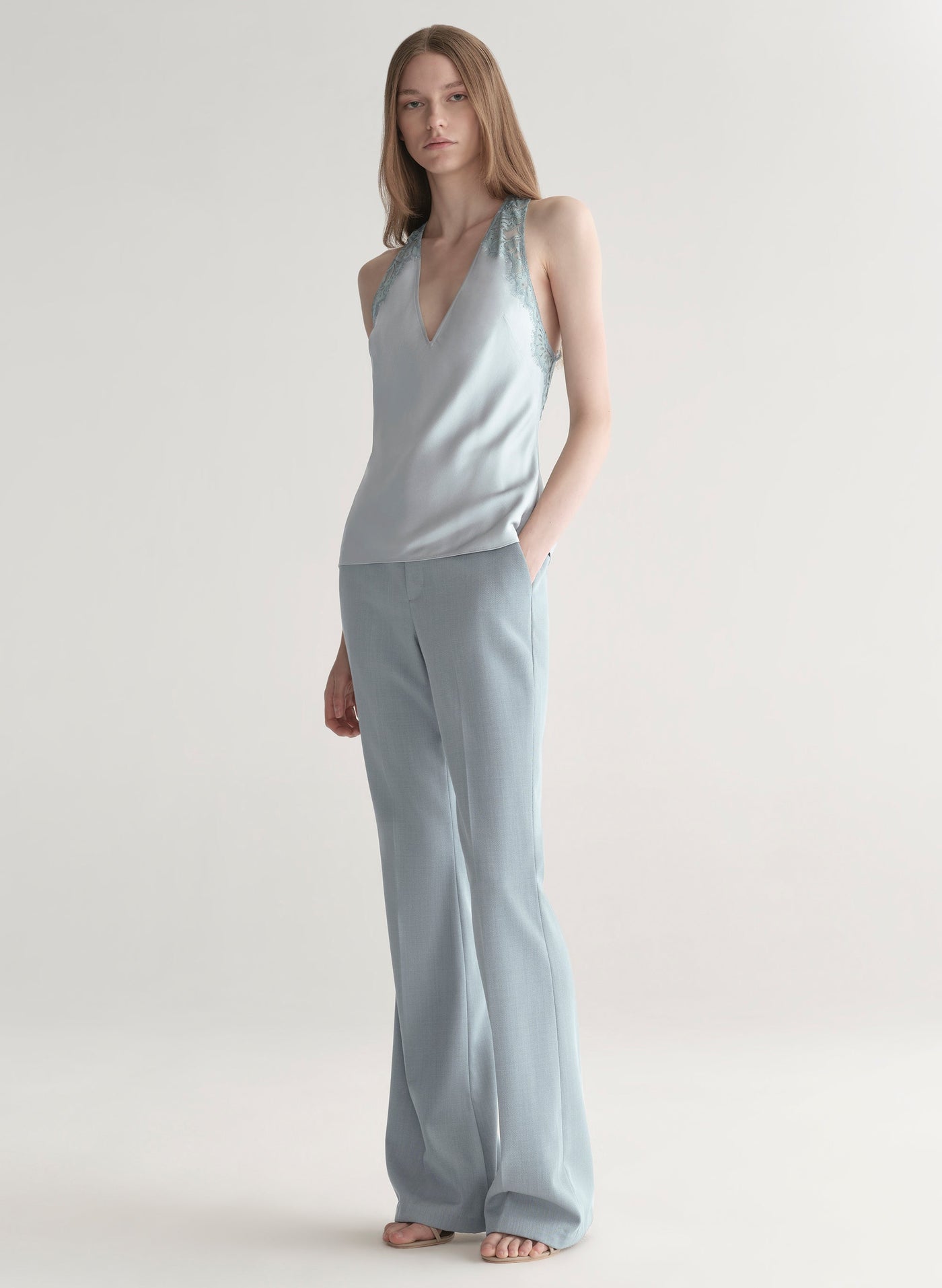 WES SATIN AND LACE TOP IN SLATE BLUE/GREY SKY