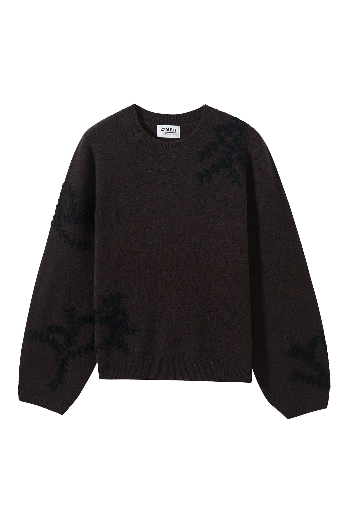 PELTA FLORAL EMBROIDERED CASHMERE CREWNECK IN ESPRESSO/BLACK