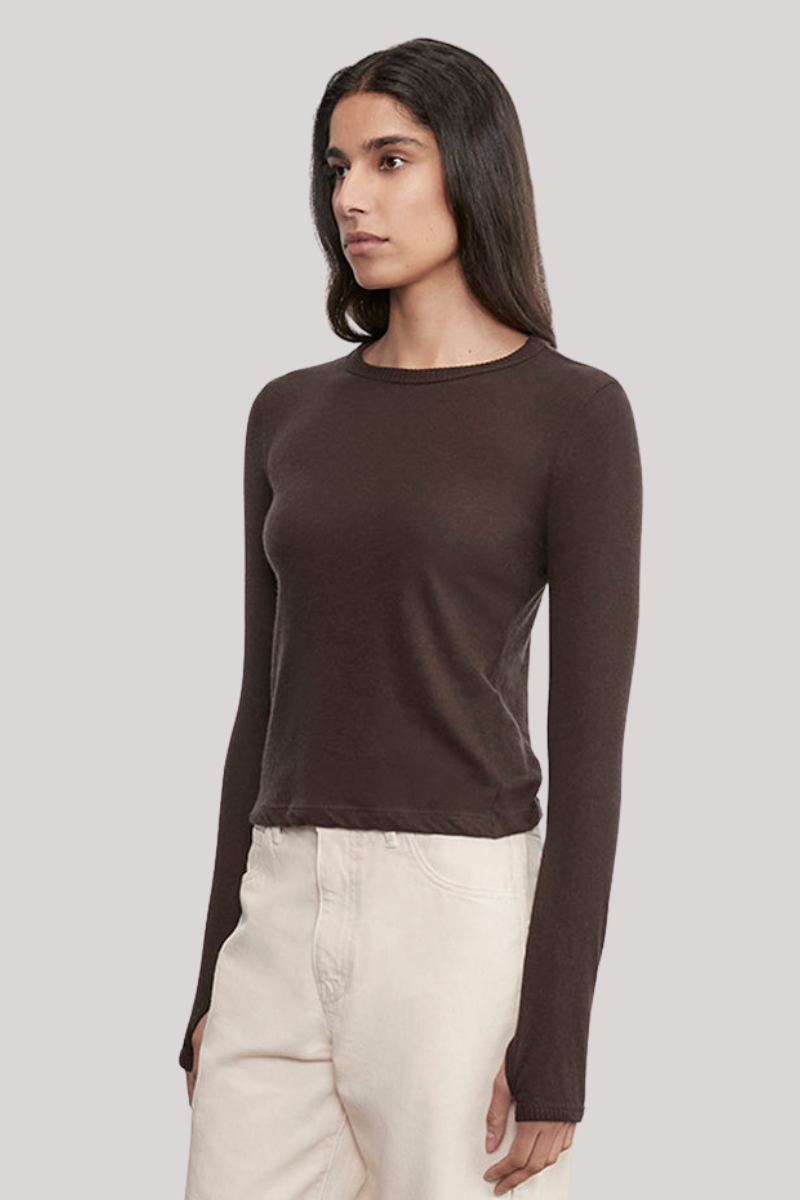 CASHMERE EASY CUFFED CREW IN DARK BROWN