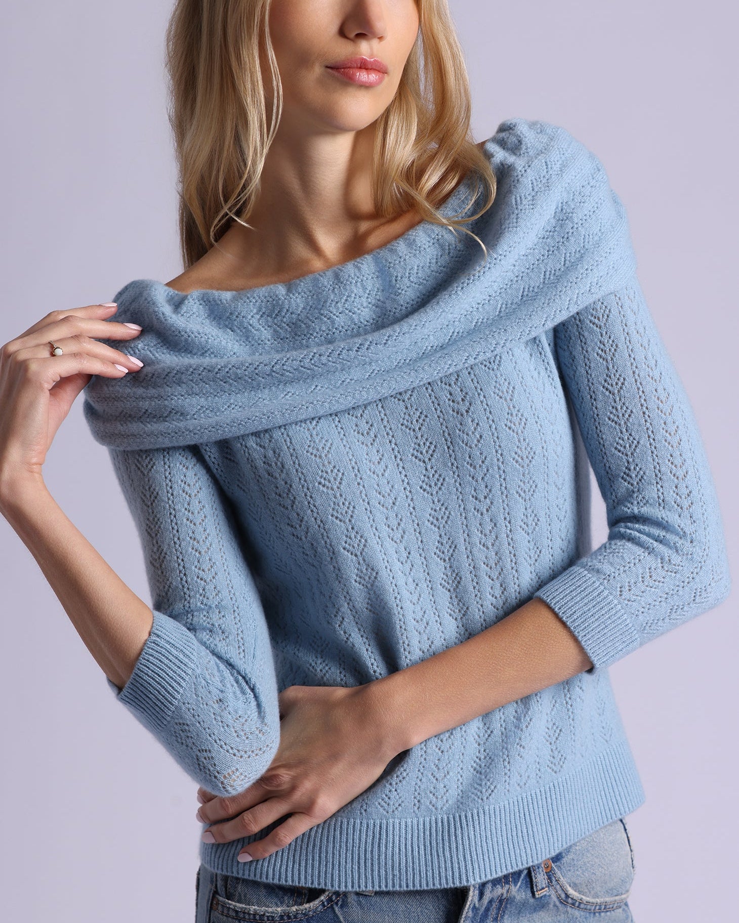 CASHMERE POINTELLE OFF SHOULDER W/ TIER IN FRESCO BLUE - Romi Boutique