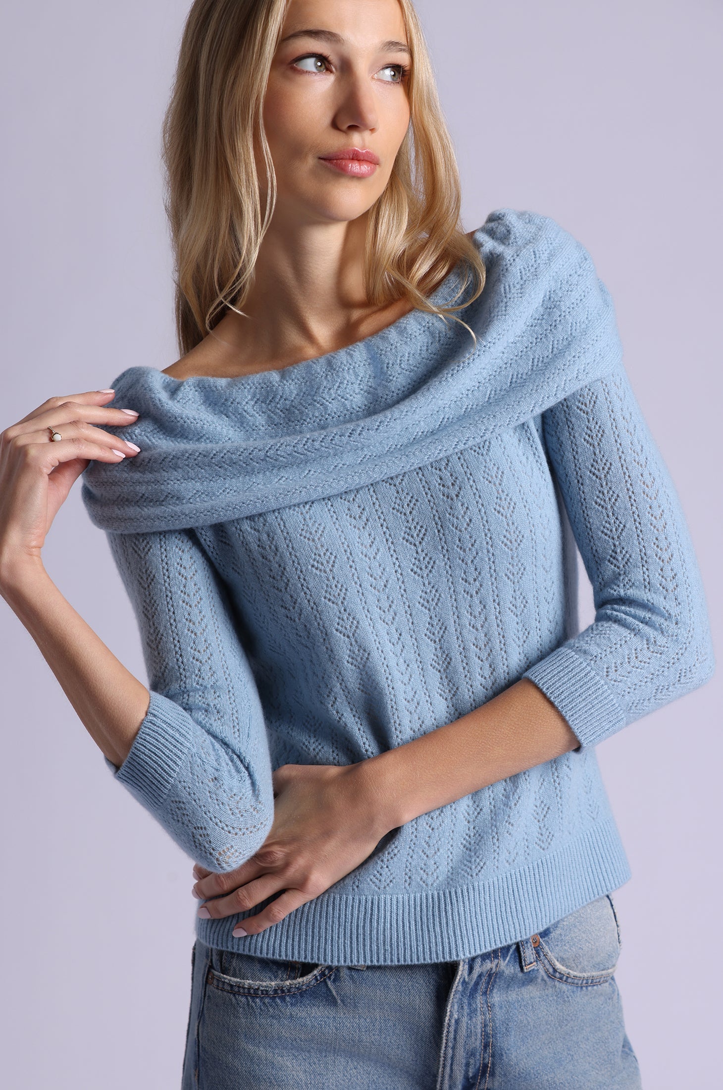Minnie Rose CASHMERE POINTELLE OFF SHOULDER W/ TIER at Romi Boutique