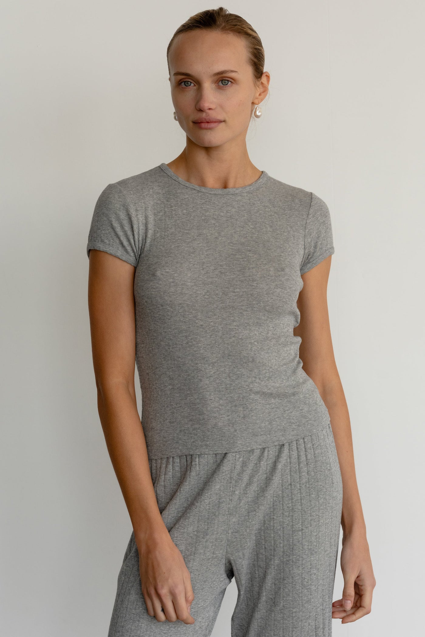 THE POINTELLE BABY TEE IN HEATHER GREY