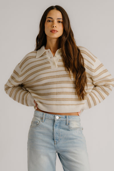 ELSIE RELAXED STRIPED CASHMERE POLO IN GARDENIA/CAMEL