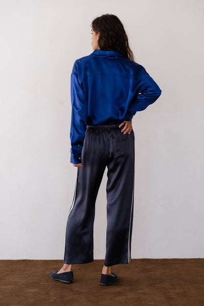 THE SILK STRIPE CROP PANT IN NAVY
