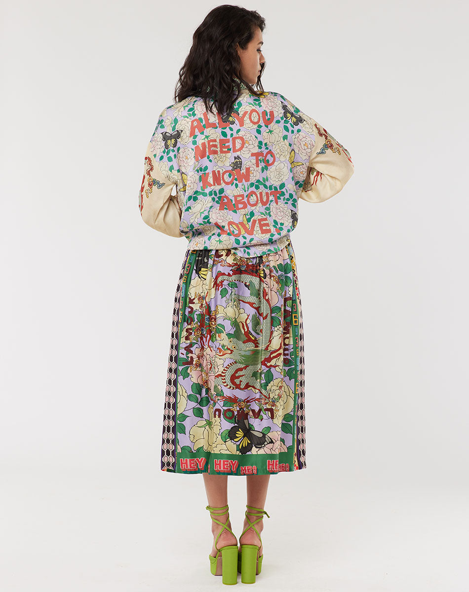 Me369 VANESSA PRINTED L'AMOUR MIDI SKIRT at Romi Boutique