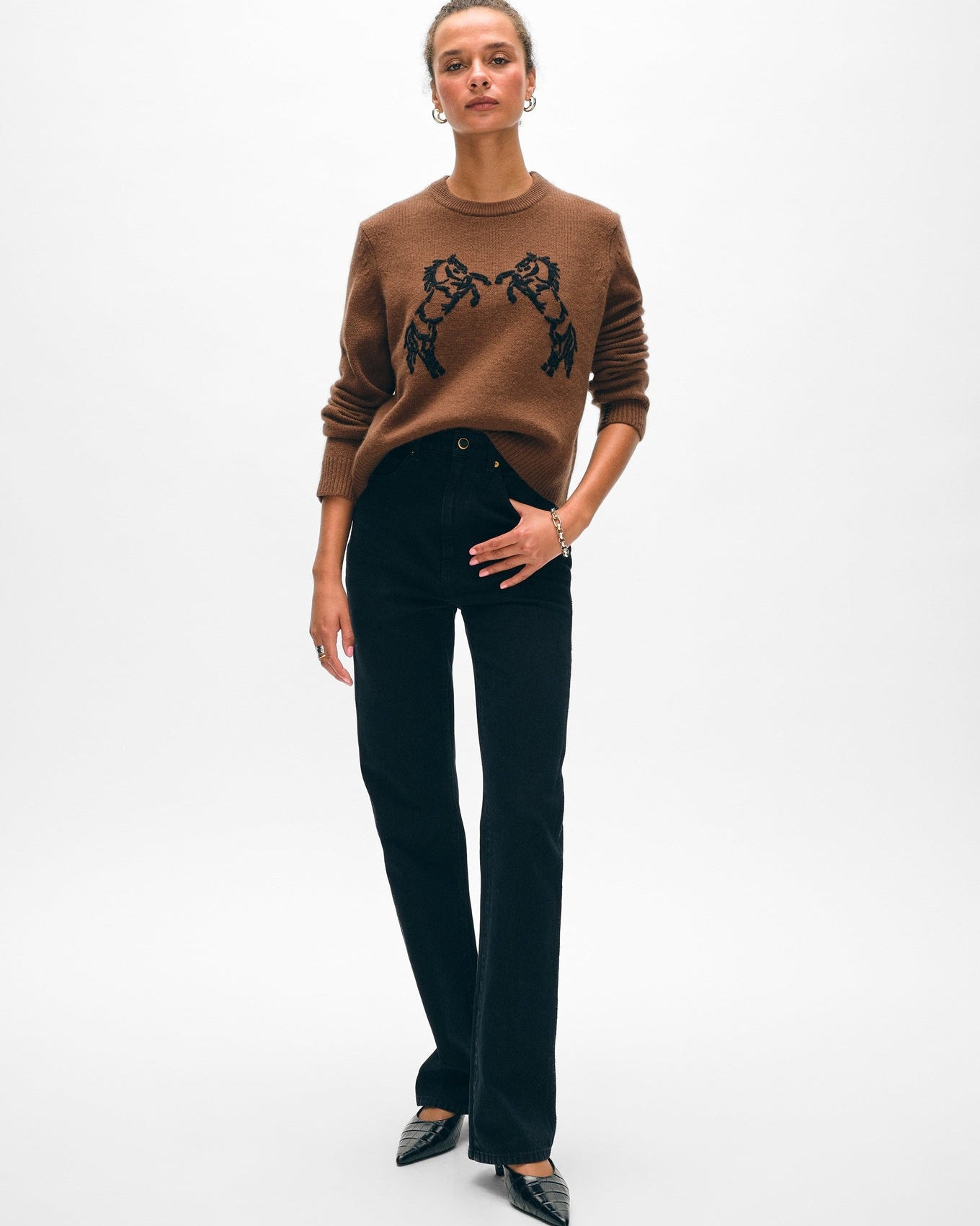 White & Warren CASHMERE BLEND HORSE EMBROIDERED CREW at Romi Boutique