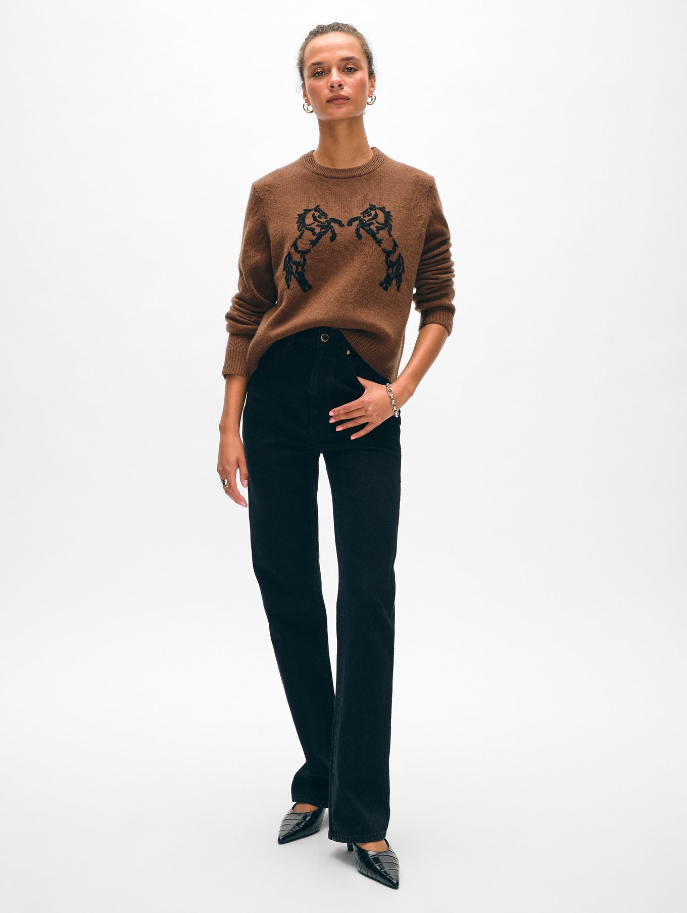 White & Warren CASHMERE BLEND HORSE EMBROIDERED CREW at Romi Boutique