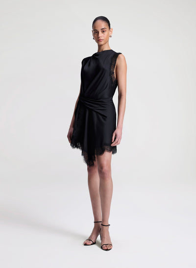 DION SATIN AND LACE MINI DRESS IN BLACK/BLACK