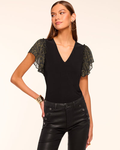 LYSETTE V-NECK FLUTTER SLEEVE TOP IN OLIVE FOLIAGE