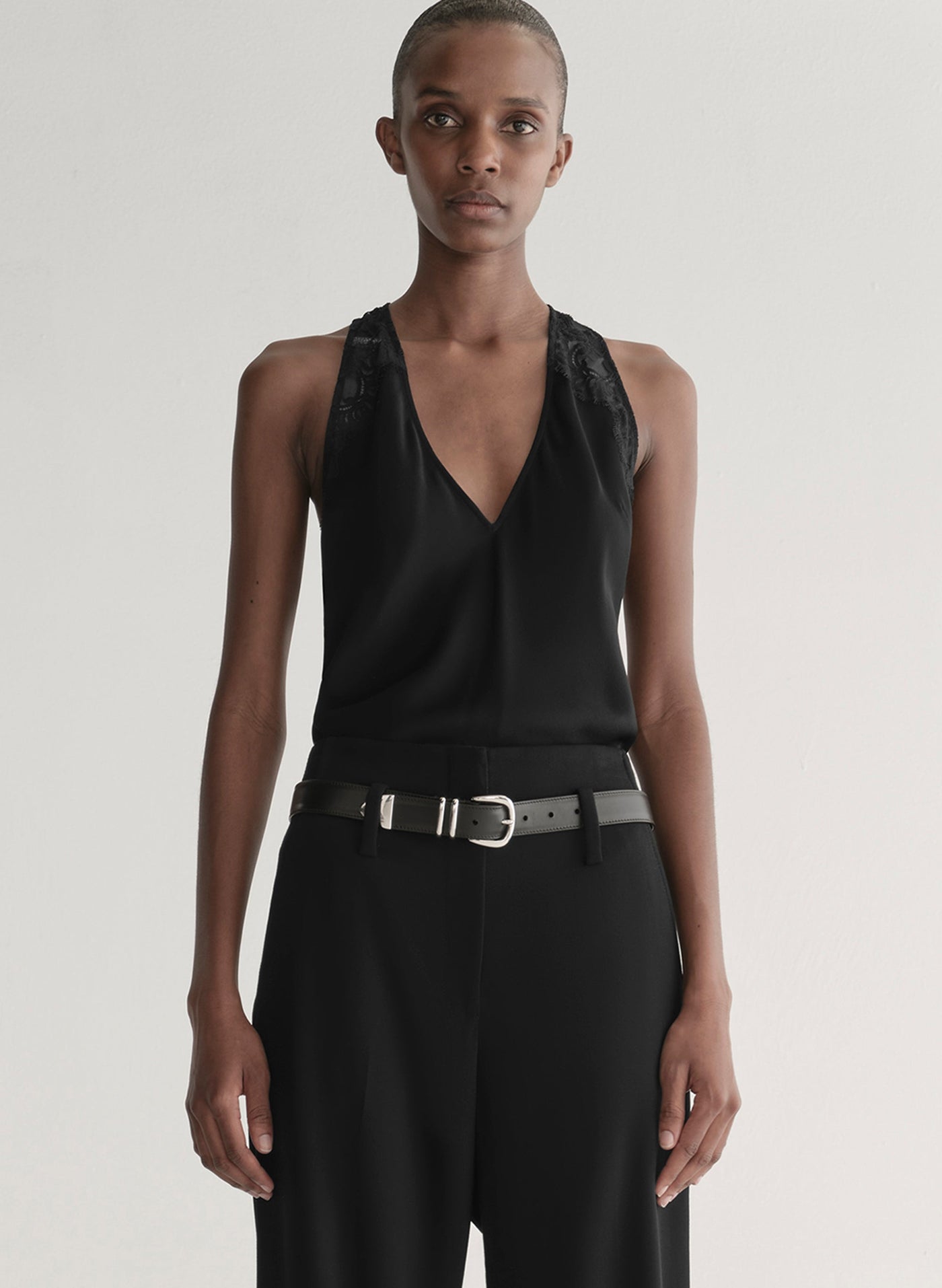 WES SATIN AND LACE TOP IN BLACK