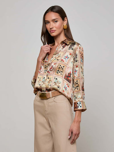 DANI 3/4 SLEEVE BLOUSE IN TAN MULTI WESTERN CARDS