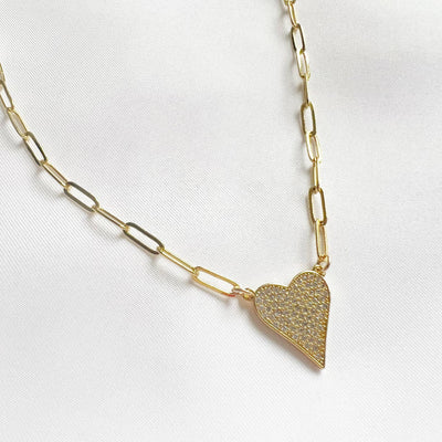 STAY TRUE PAVE HEART PAPERCLIP NECKLACE IN GOLD FILLED