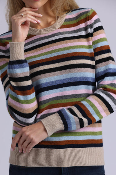 CASHMERE STRIPED LONG SLEEVE CREW IN MULTI STRIPE