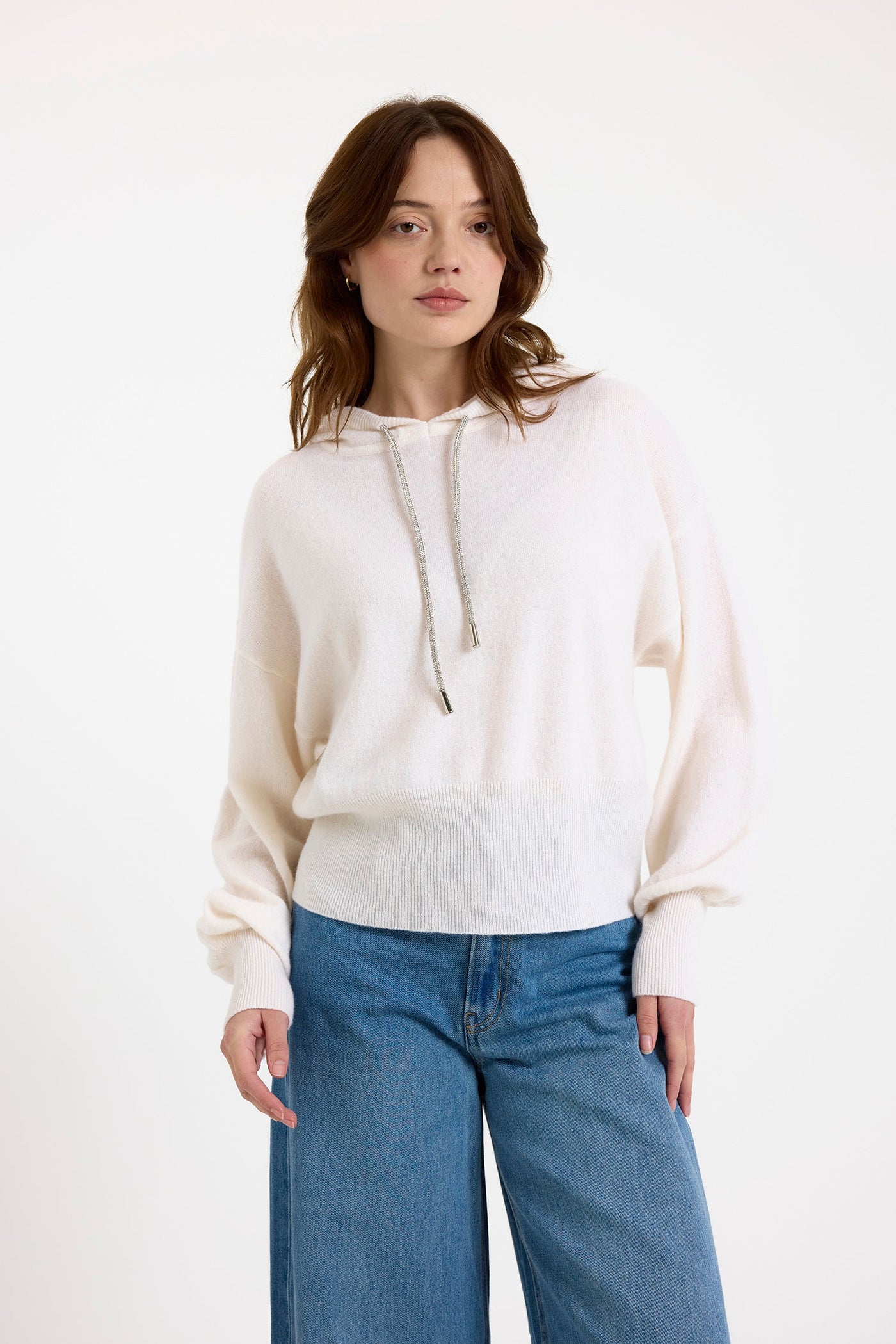 HILARY RHINESTONE DRAWSTRING CASHMERE HOODIE IN ORGANIC WHITE