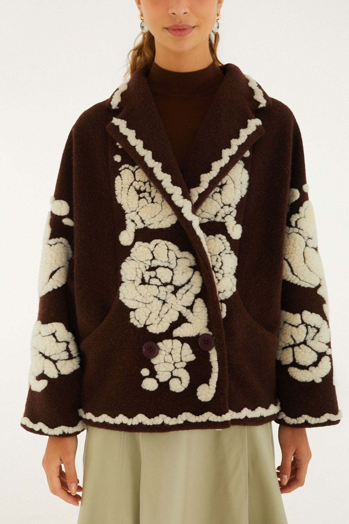 FARM Rio Flowers Pockets Crop Fleece Coat at Romi Boutique