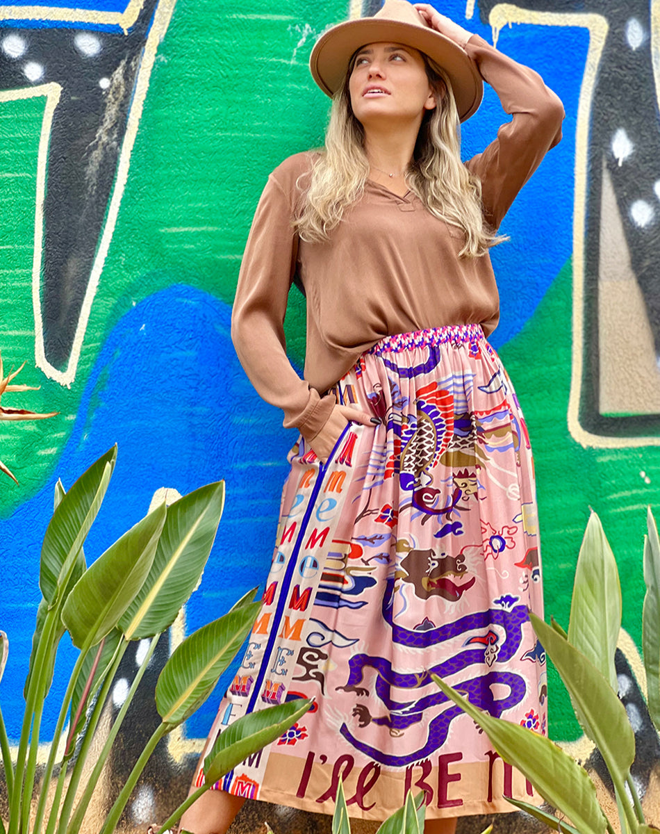 JOY PRINTED MIDI SKIRT IN DRAGON