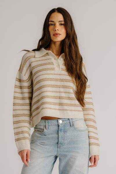 ELSIE RELAXED STRIPED CASHMERE POLO IN GARDENIA/CAMEL