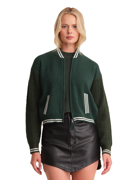 FLYNN CABLE SLEEVE BOMBER IN BOTTLE GREEN MULTI - Romi Boutique