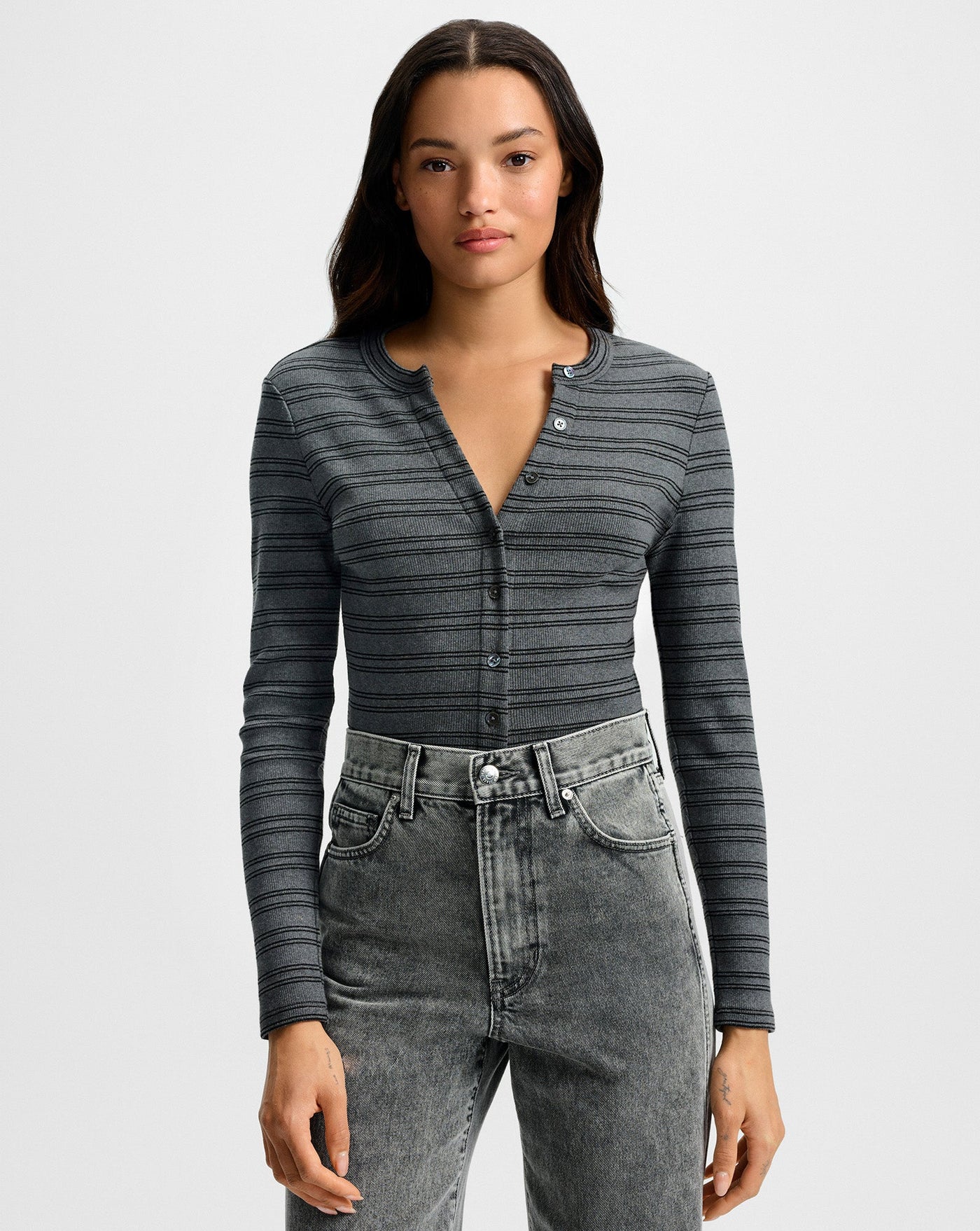 LONG SLEEVE DILIA TOP IN HEATHER GREY/BLACK LUREX