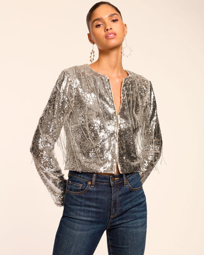 SAPPHIRE SEQUIN FRINGE JACKET IN PLATINUM
