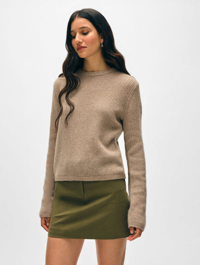 CASHMERE WAFFLE MESH CREW IN TAUPE HEATHER