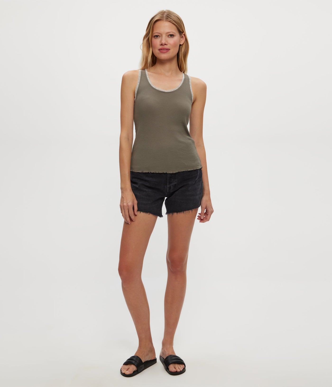 MILEY SUPIMA RIB LACE TANK IN OLIVE - Romi Boutique