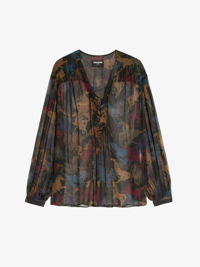 TAMELA HORSES SHEER SHIRT IN DARK CHOCOLATE