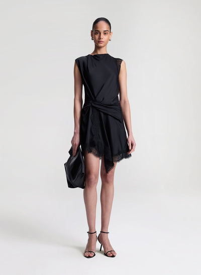 DION SATIN AND LACE MINI DRESS IN BLACK/BLACK