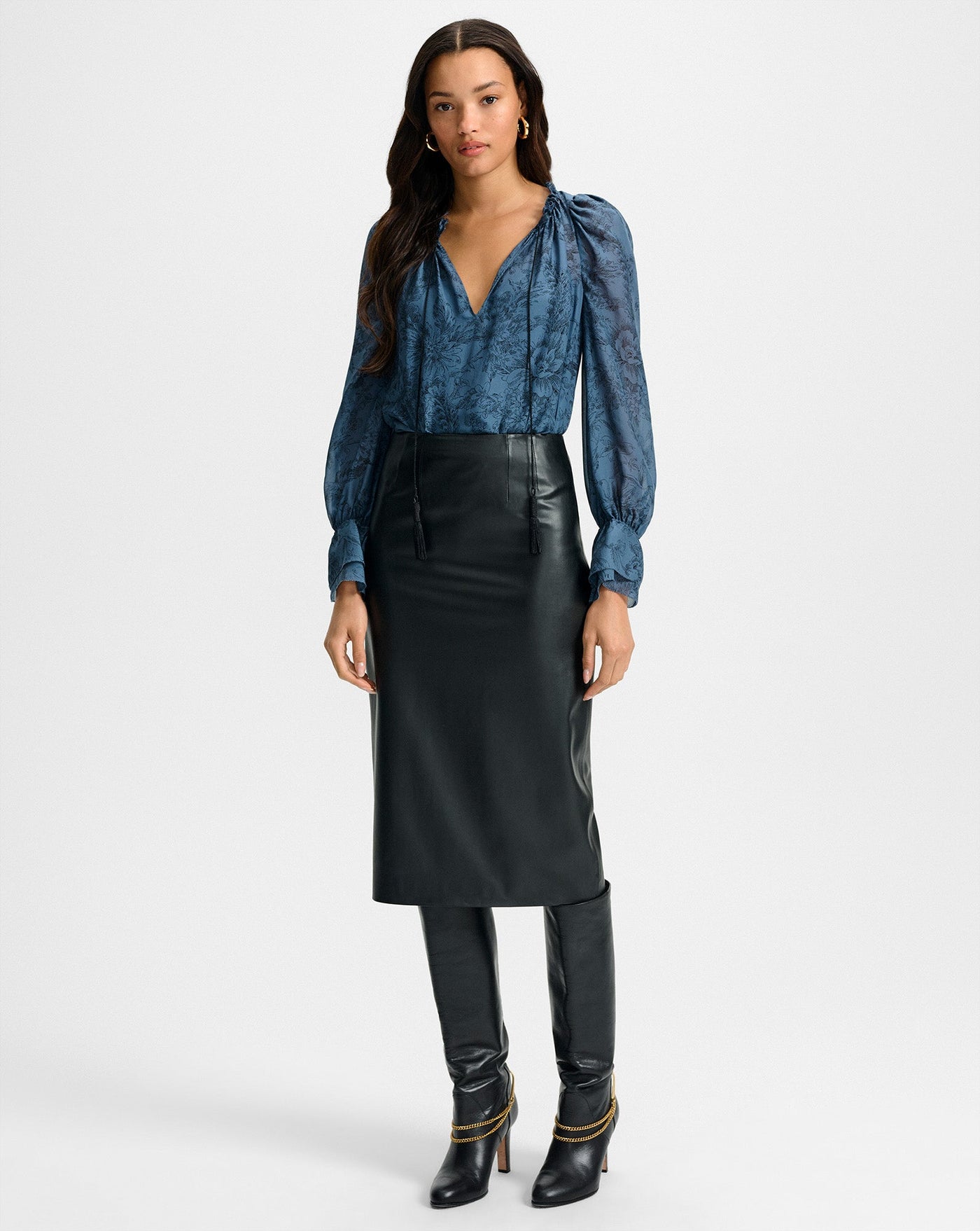 HOLMES MIDI PENCIL SKIRT IN BLACK VEGAN LEATHER
