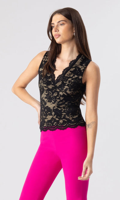 LEILA STRETCH LACE TOP IN BLACK/BEIGE