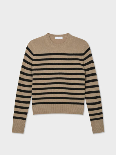 CASHMERE STRIPED CREWNECK IN KHAKI/BLACK