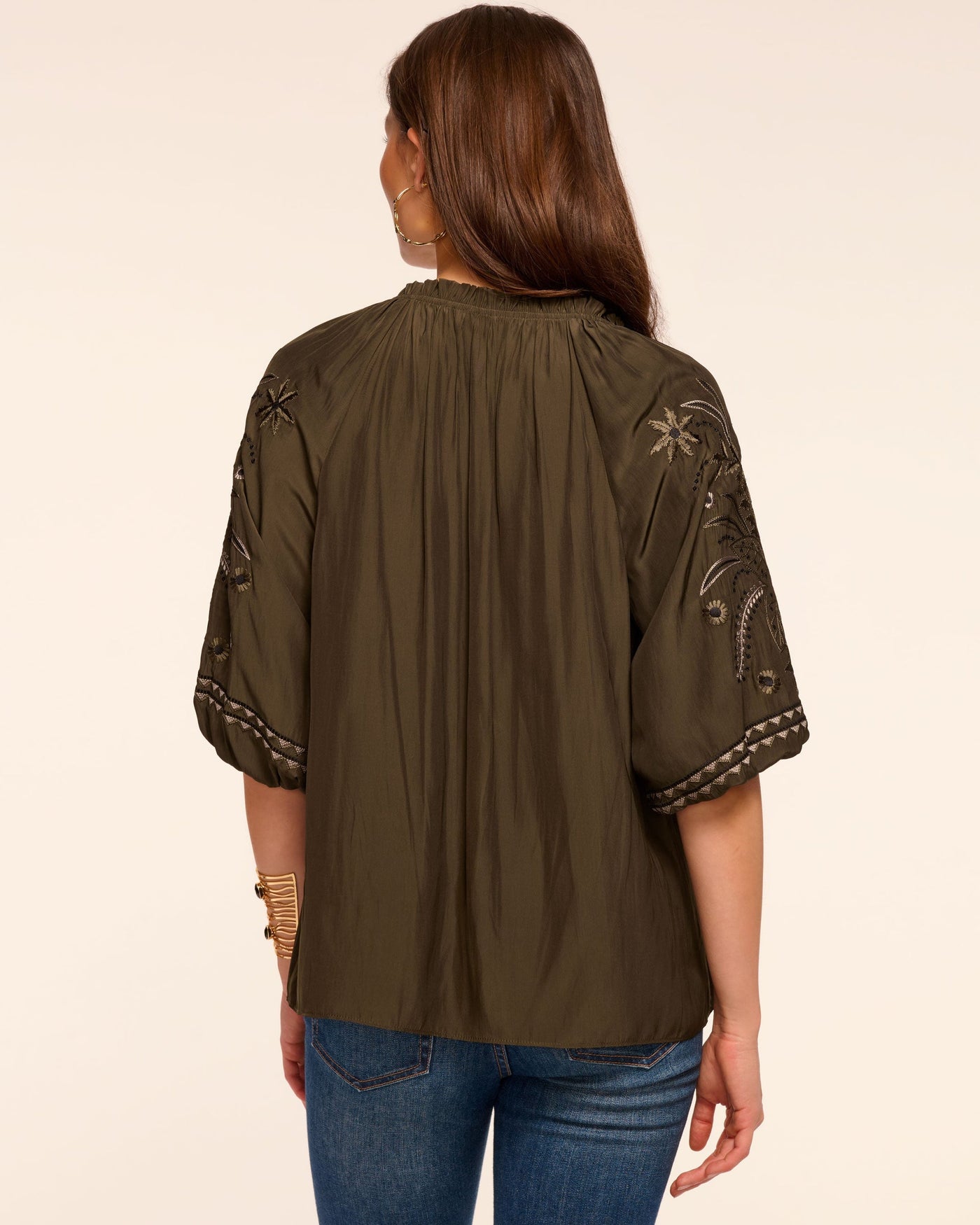 KAREN EMBELLISHED V-NECK BLOUSE IN DEEP OLIVE
