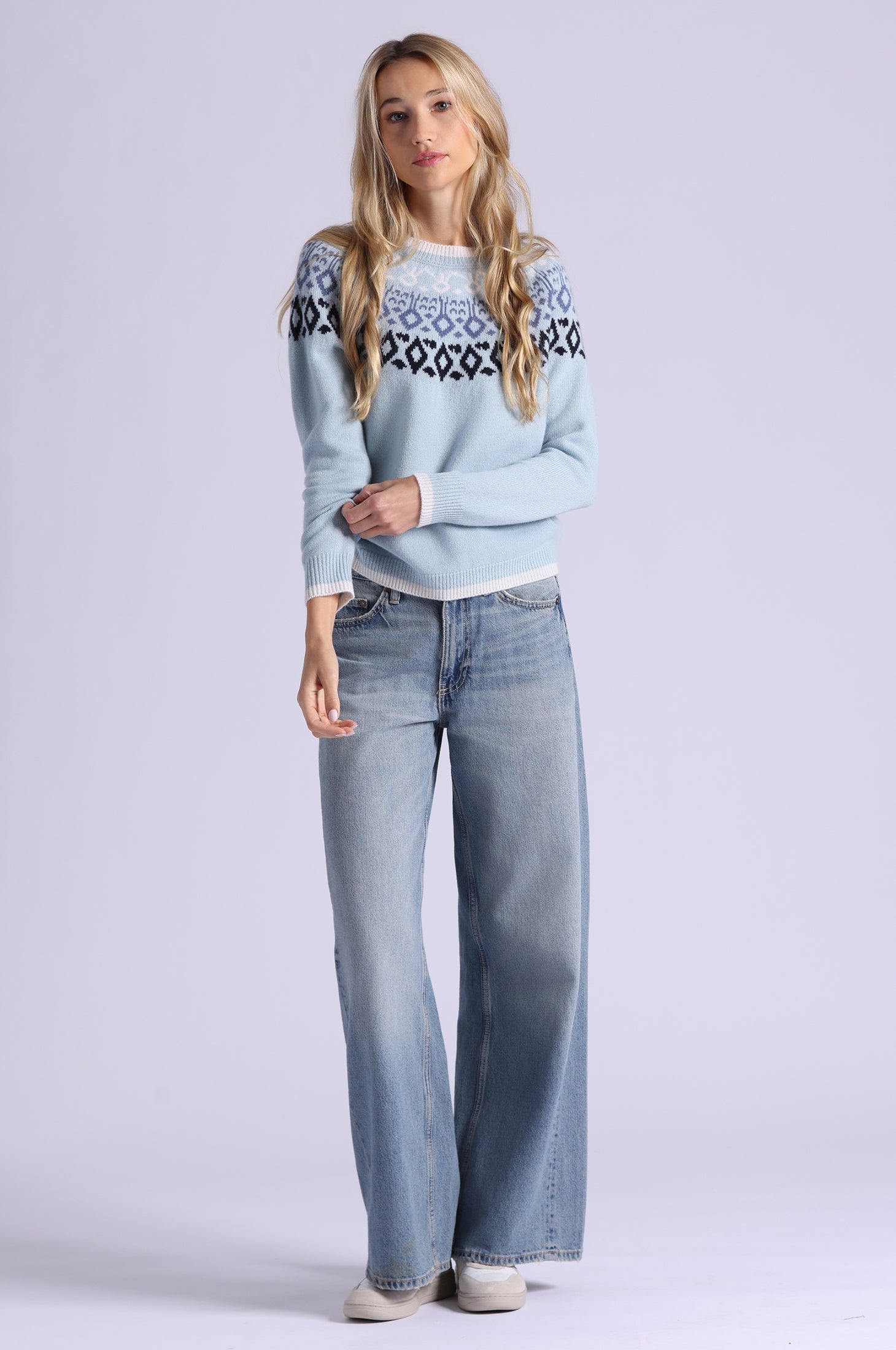 Minnie Rose CASHMERE FAIR ISLE CREW NECK W/ TIPPING at Romi Boutique