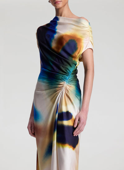 PENNY SATIN MIDI DRESS IN LAPIS MULTI - Romi Boutique