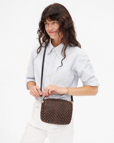 MIDI SAC LEATHER & SUEDE WOVEN CHECKER IN BLACK & CHOCOLATE