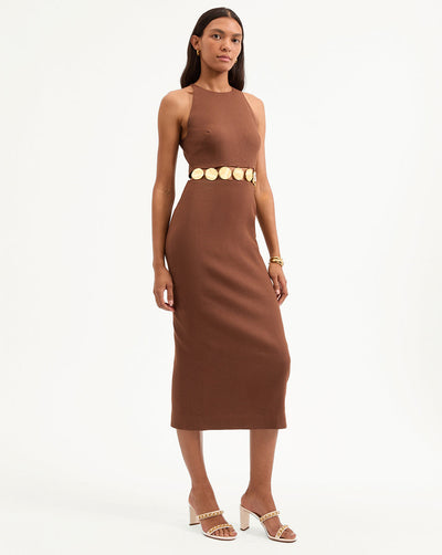 ISLA GOLD-MEDALLION MIDI DRESS IN LIGHT CHICORY