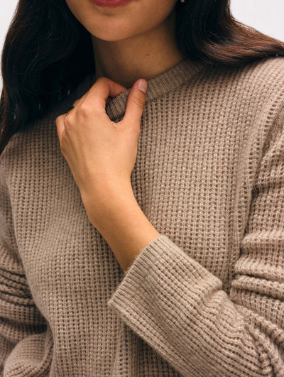 CASHMERE WAFFLE MESH CREW IN TAUPE HEATHER