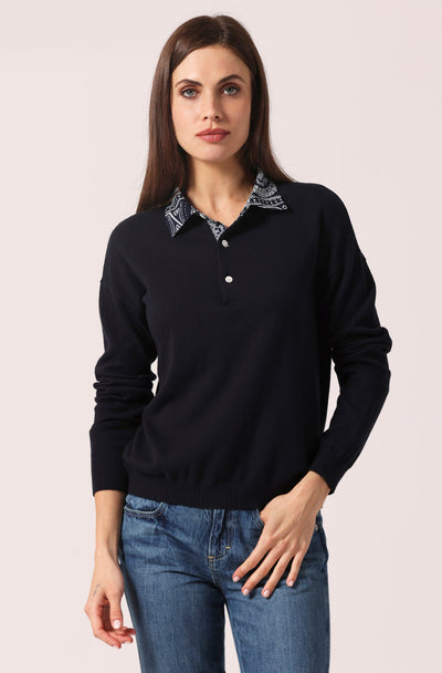 COTTON CASHMERE WOVEN BANDANA COLLAR PULLOVER IN NAVY - Romi Boutique